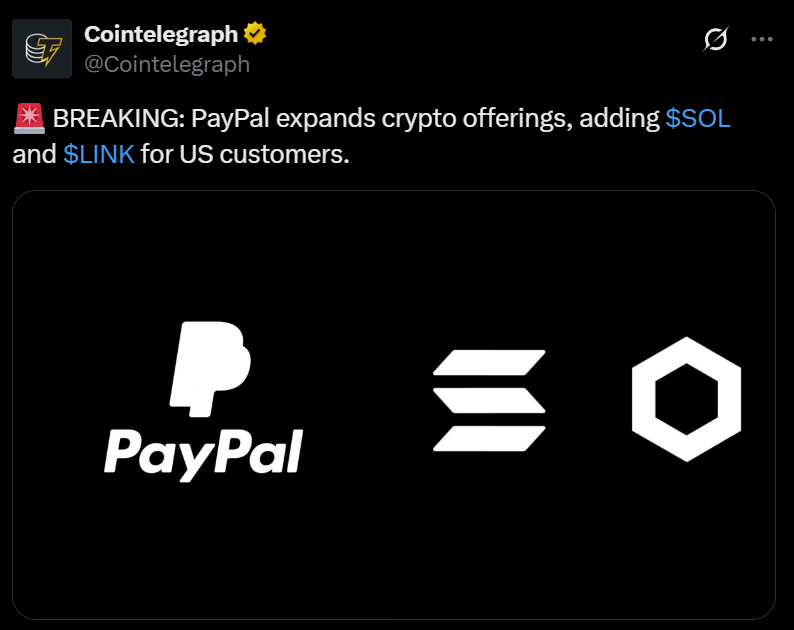PayPal, Venmo to roll out Solana, Chainlink transfers