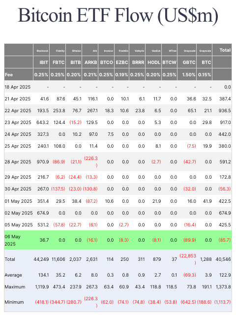 Bitcoin ETFs break May inflow streak as investors withdraw $85.7 million on May 6